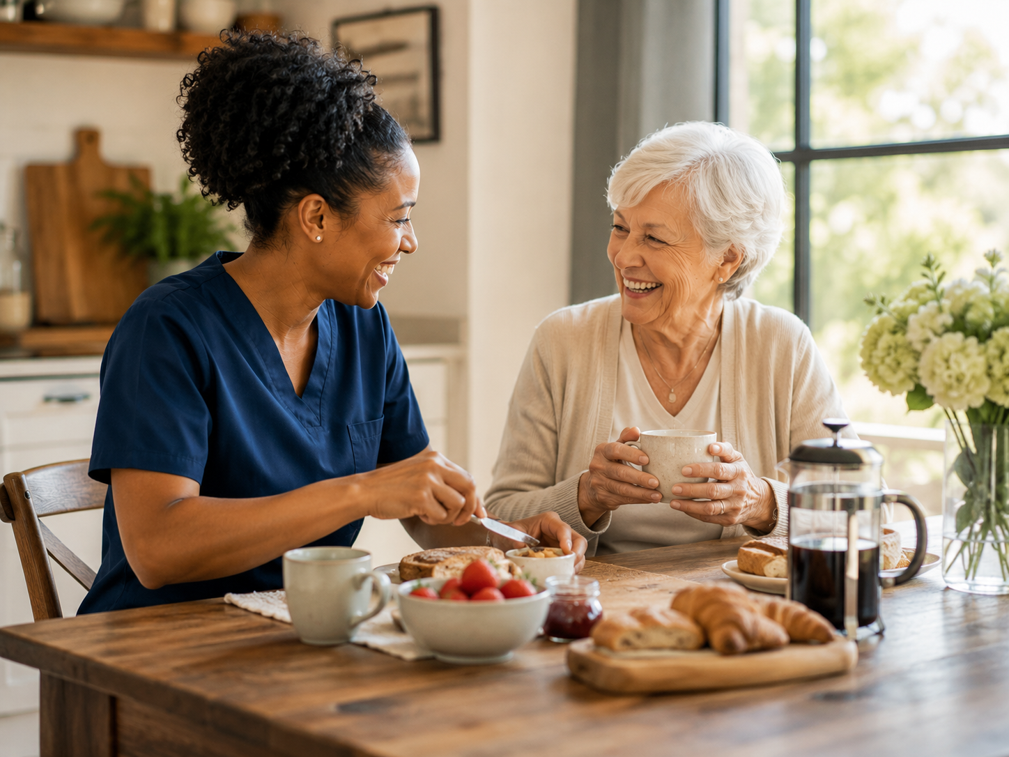 Bridgeview caregiver and senior sharing warmth and holistic care