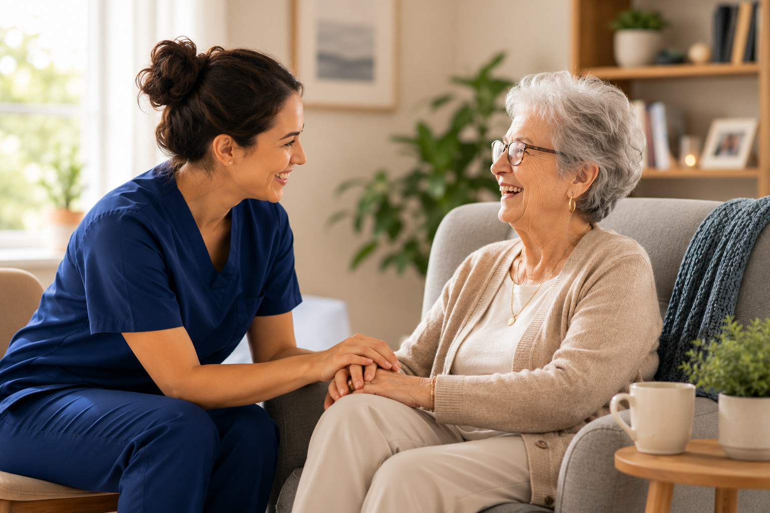 Caregiver and senior sharing a warm wellness moment